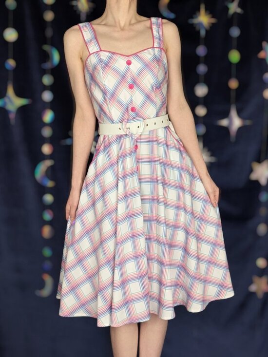 Voodoo Vixen Dresses & Skirts - Voodoo Vixen White & Pastel Rainbow Plaid Swing Dress